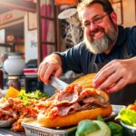 Lampredotto sandwich being prepared at a street food stall in Florence.