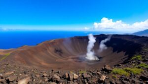 Volcano crater on Vulcano Island with fumaroles and sea view
