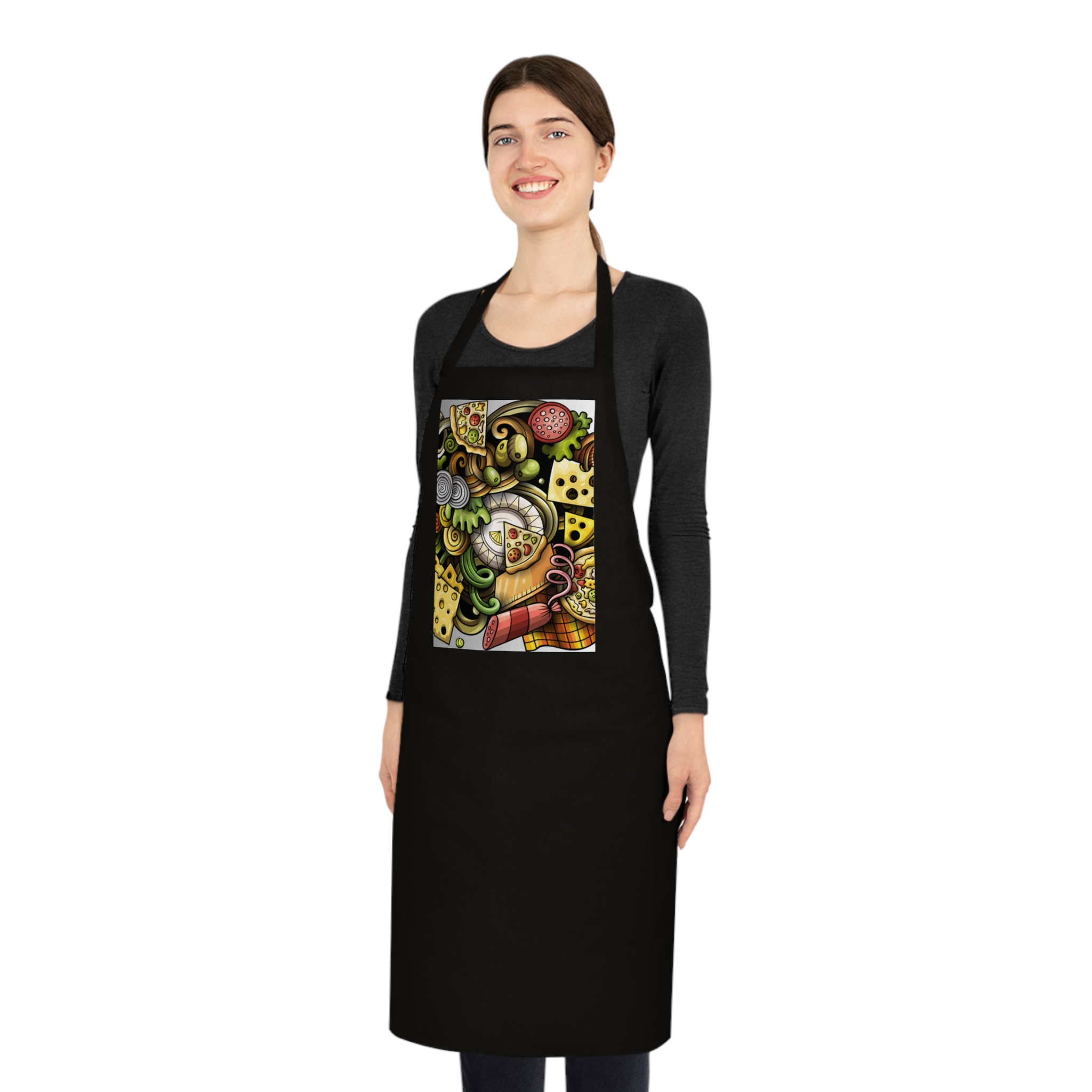 Gourmet charcuterie cotton apron with cheese and deli food print — front view