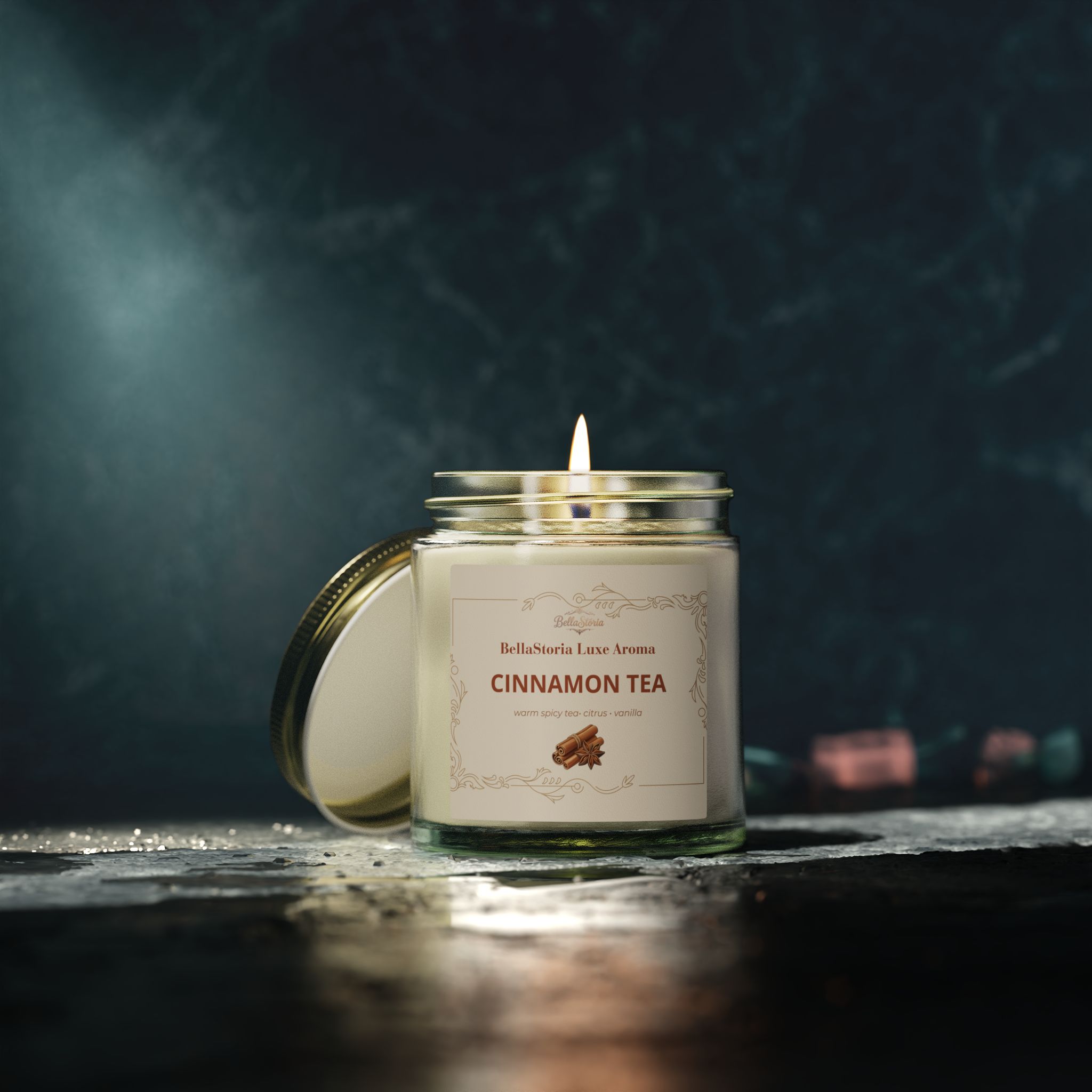 Wrap your home in the warm comfort of spiced tea with this hand-poured Cinnamon Tea candle. The scent opens with bright orange zest and rich black tea, then gently transitions into notes of nutmeg and pepper. Finally, the fragrance settles into a cozy blend of vanilla, clove, and cinnamon.