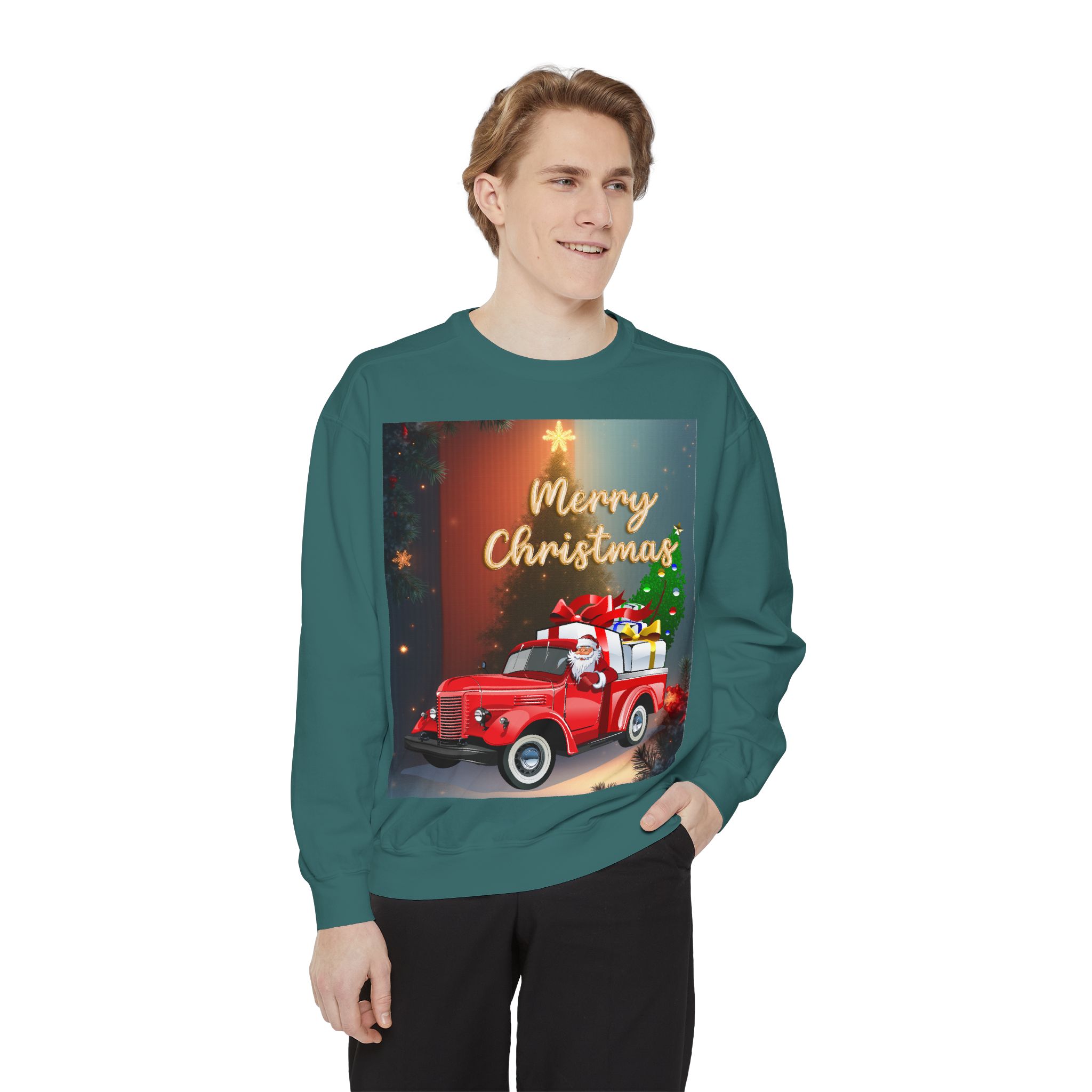 A cozy garment-dyed Christmas sweatshirt featuring a vintage red truck, festive artwork, and a soft, nostalgic feel.